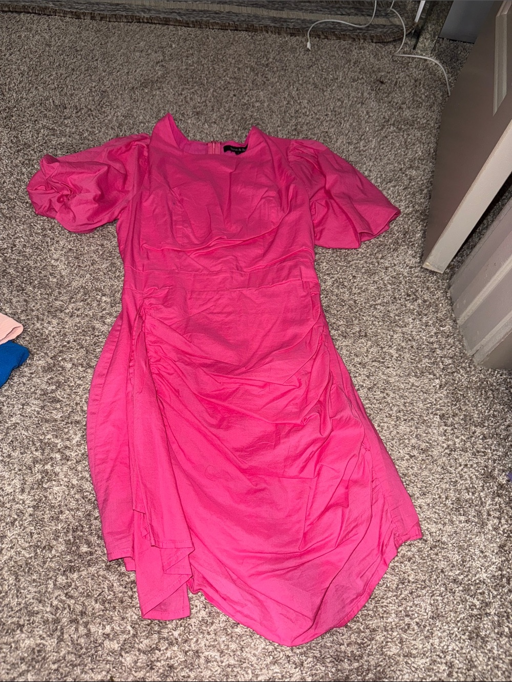 Bright Pink Puff Sleeve Mini Dress - Feminine Draped Silhouette